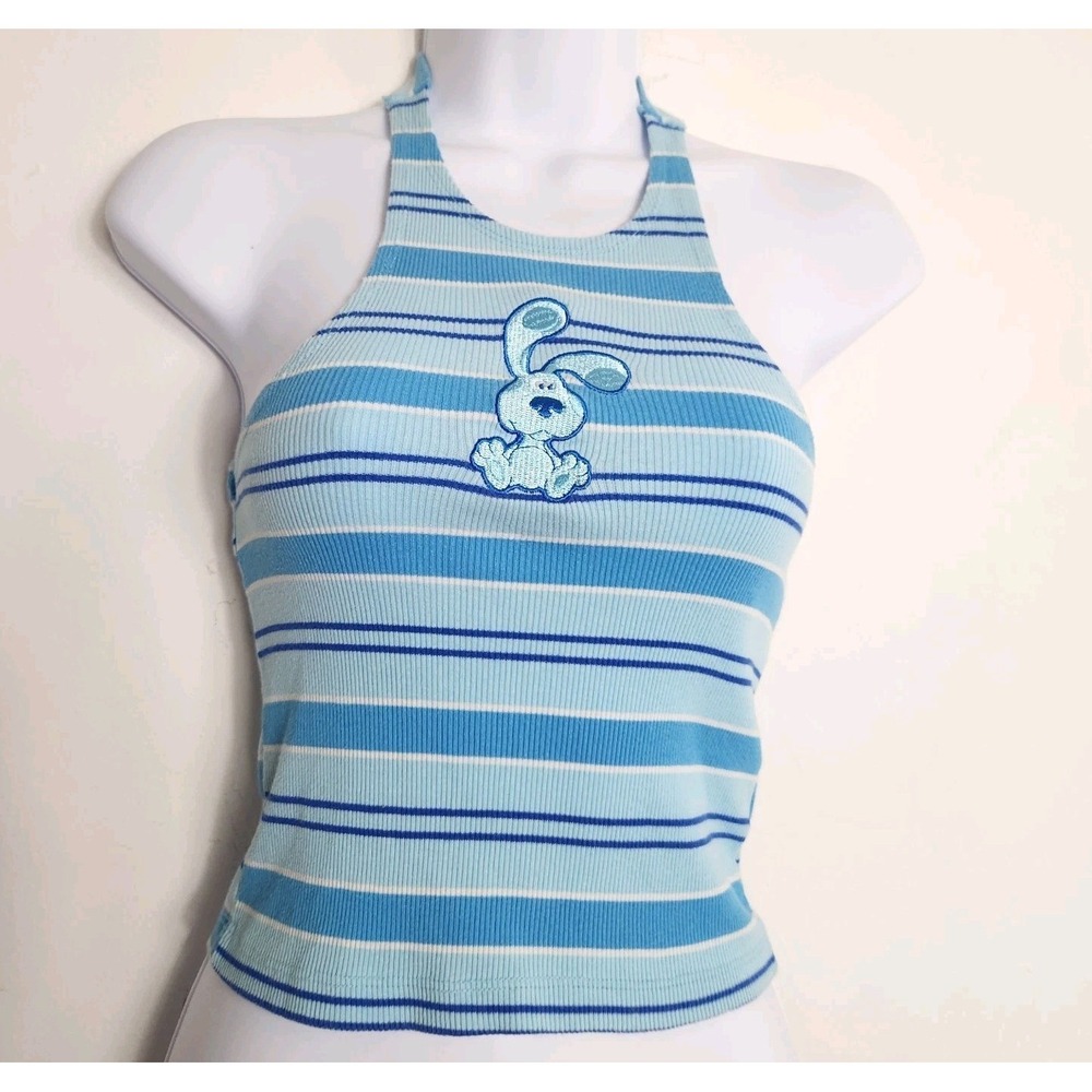 Blue's Clues Halter Tank Top Womens Small Blue Striped Ribbed Y2K Nickelodeon